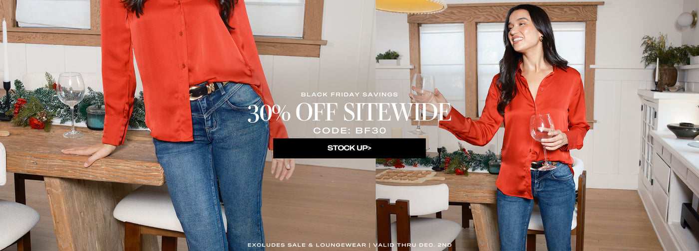 Two women in a kitchen setting with a promotional banner for a 30% off site-wide sale.