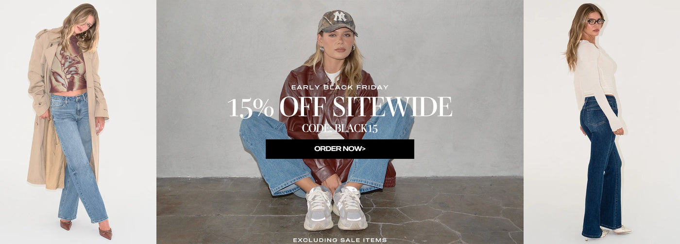 Three people wearing jeans with a promotional banner for a sale on a gray background.