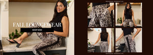 Woman in leopard print outfit with 'Fall Loungewear' text and shopping call-to-action.