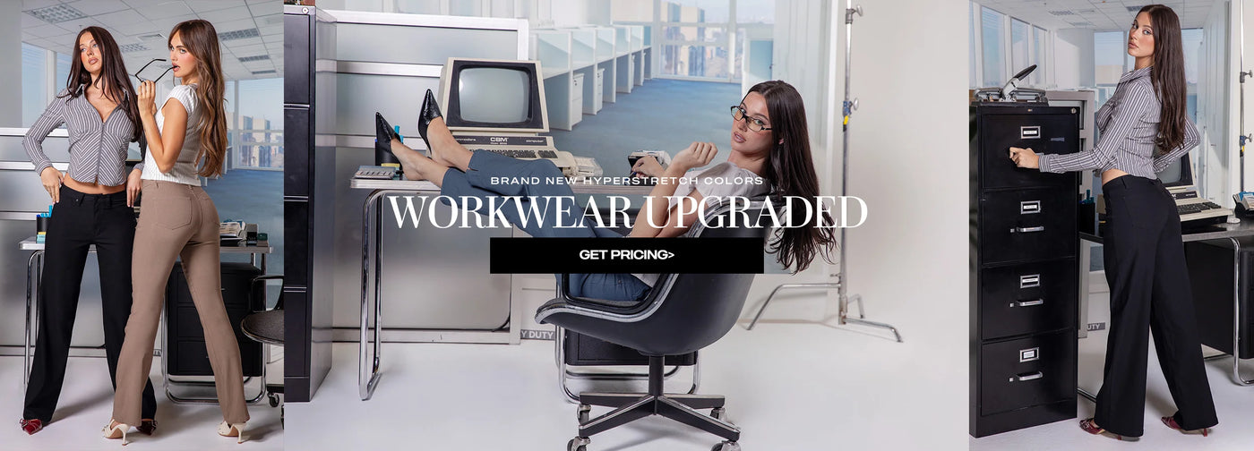 Promotional banner for workwear with people in an office setting and text overlay.