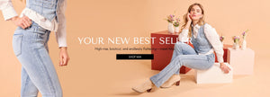 Woman sitting on a stool wearing a denim outfit with text promoting a new best seller.