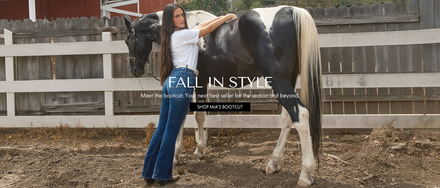Woman standing next to a horse with promotional text overlay