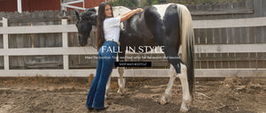 Woman standing next to a horse with promotional text overlay