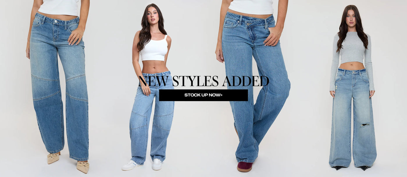 Four people wearing blue jeans with a promotional banner for new styles added.