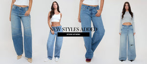Four people wearing blue jeans with a promotional banner for new styles added.