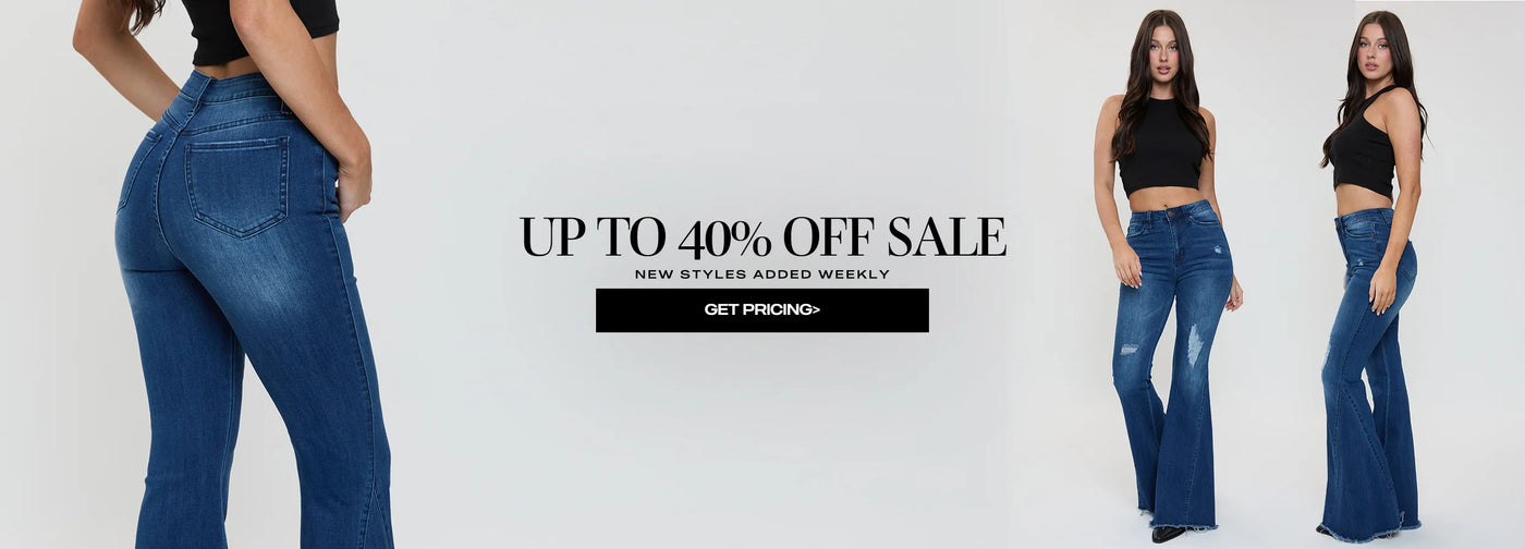 Promotional banner for jeans sale with a model wearing blue jeans on a white background.