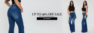 Promotional banner for jeans sale with a model wearing blue jeans on a white background.