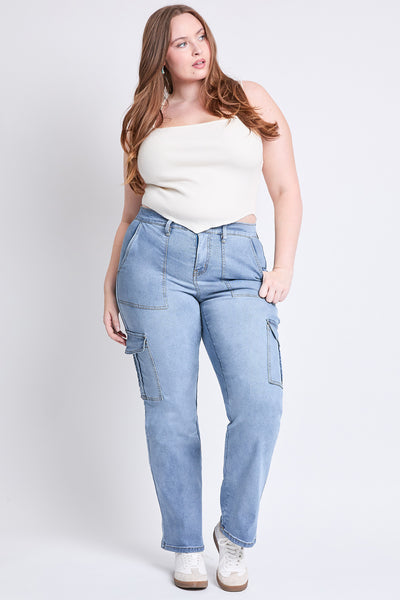 Plus High Rise Elastic Waist Cargo Straight Leg Jean, Pack of 6