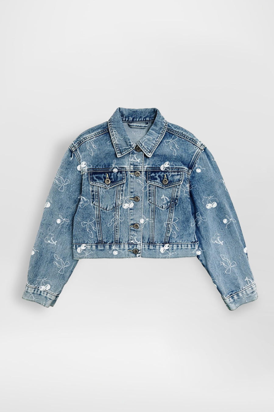 Girls Cropped Denim Jacket with All-Over Cherry Bow Print, Pack of 6