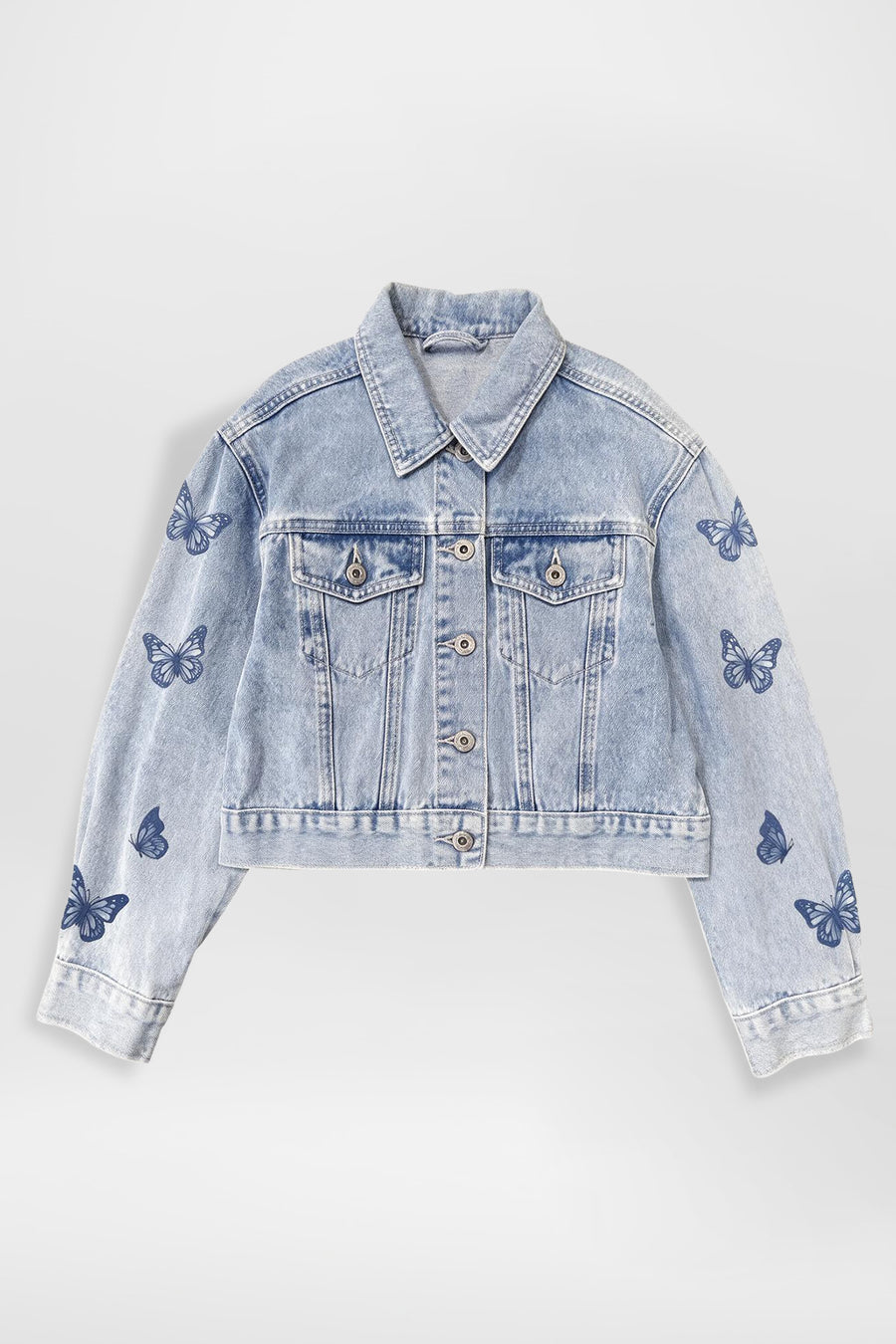 Girls Cropped Boxy Fit Denim Jacket with All-Over Butterfly Print, Pack of 6