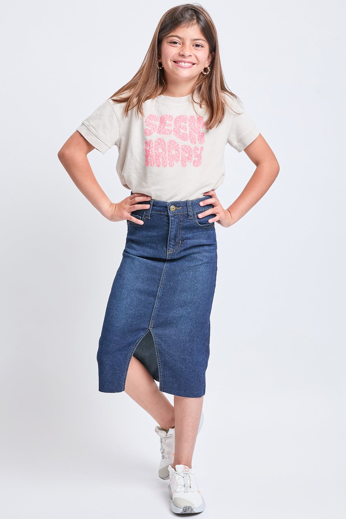 Girls Denim Front Slit Raw Hem Long Skirt, Pack of 12