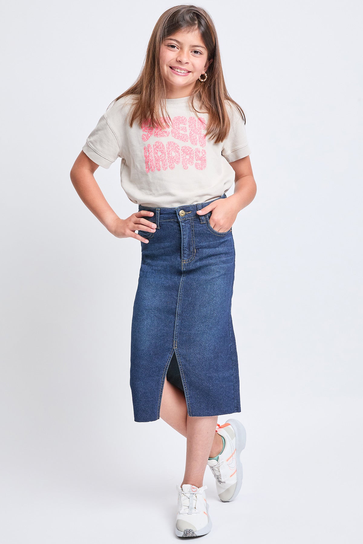 Girls Denim Front Slit Raw Hem Long Skirt, Pack of 12