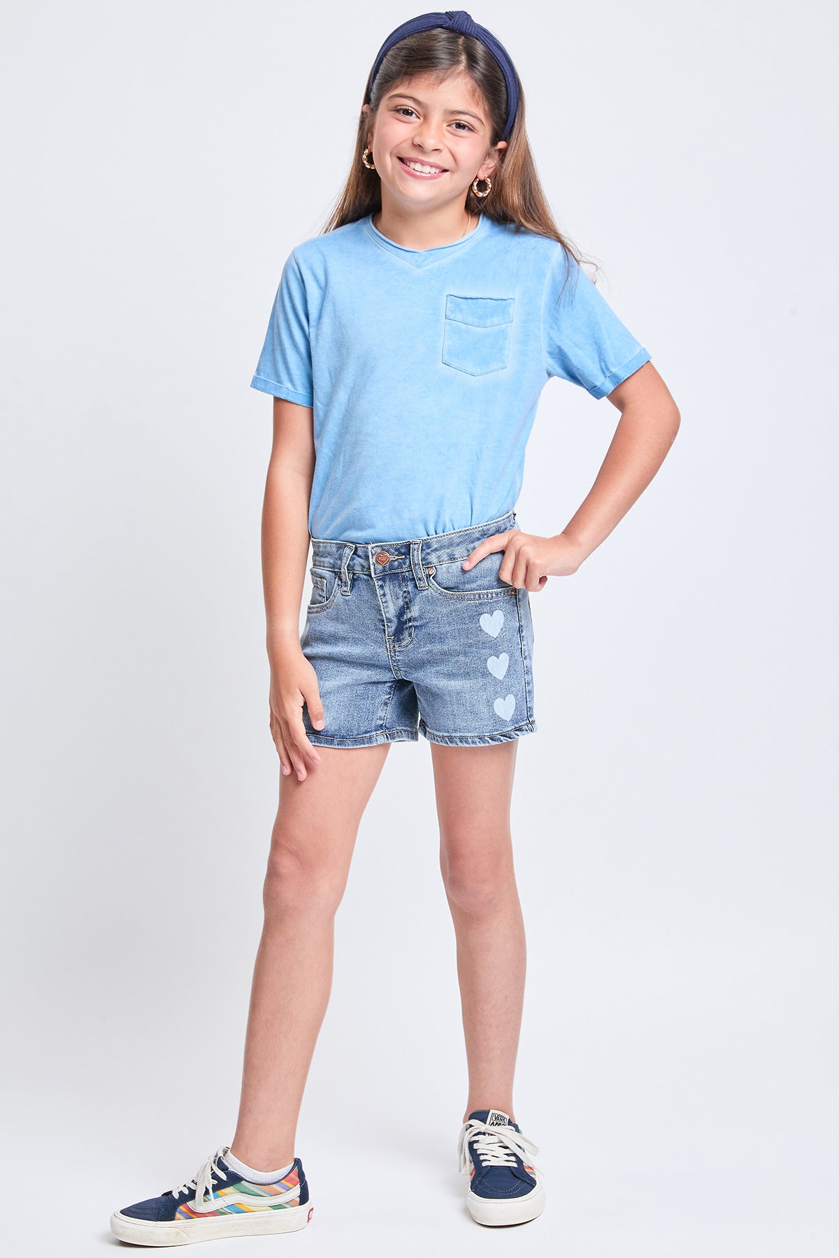 Girls White Heart Print Clean Hem Shorts, Pack of 12