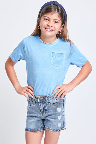 Girls White Heart Print Clean Hem Shorts, Pack of 12