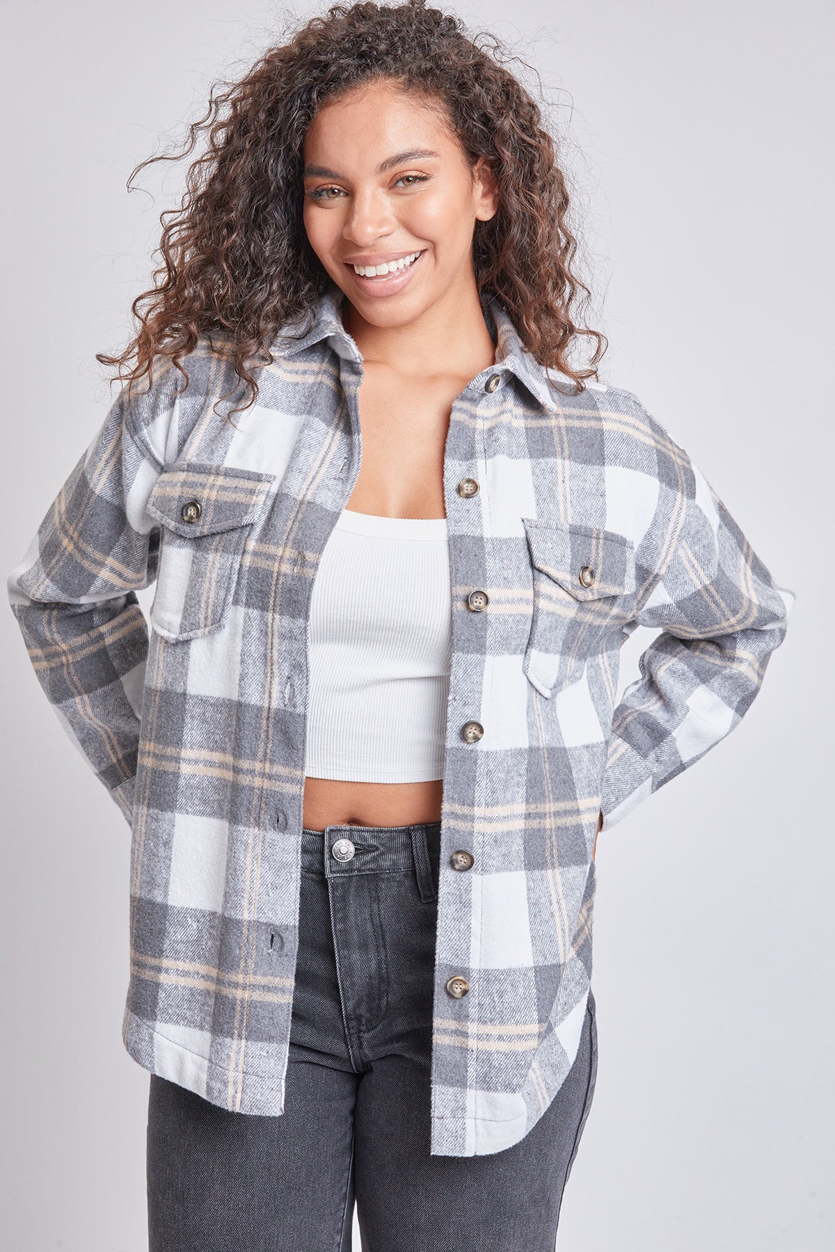 Junior Oversized Plaid Flannel Shacket, pack of 6