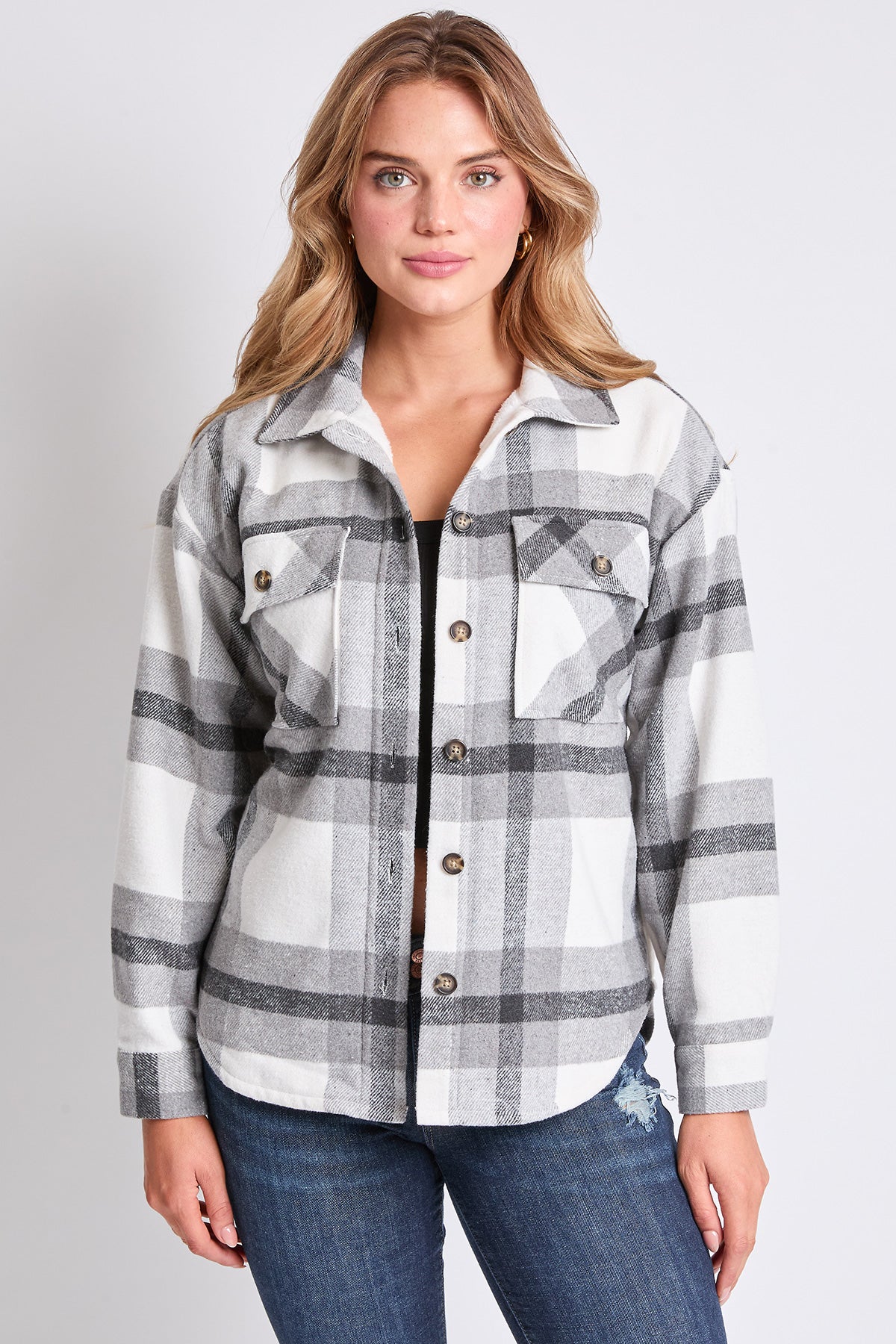 Oversized Plaid Flannel Shacket W/Sherpa Lining, Pack of 6