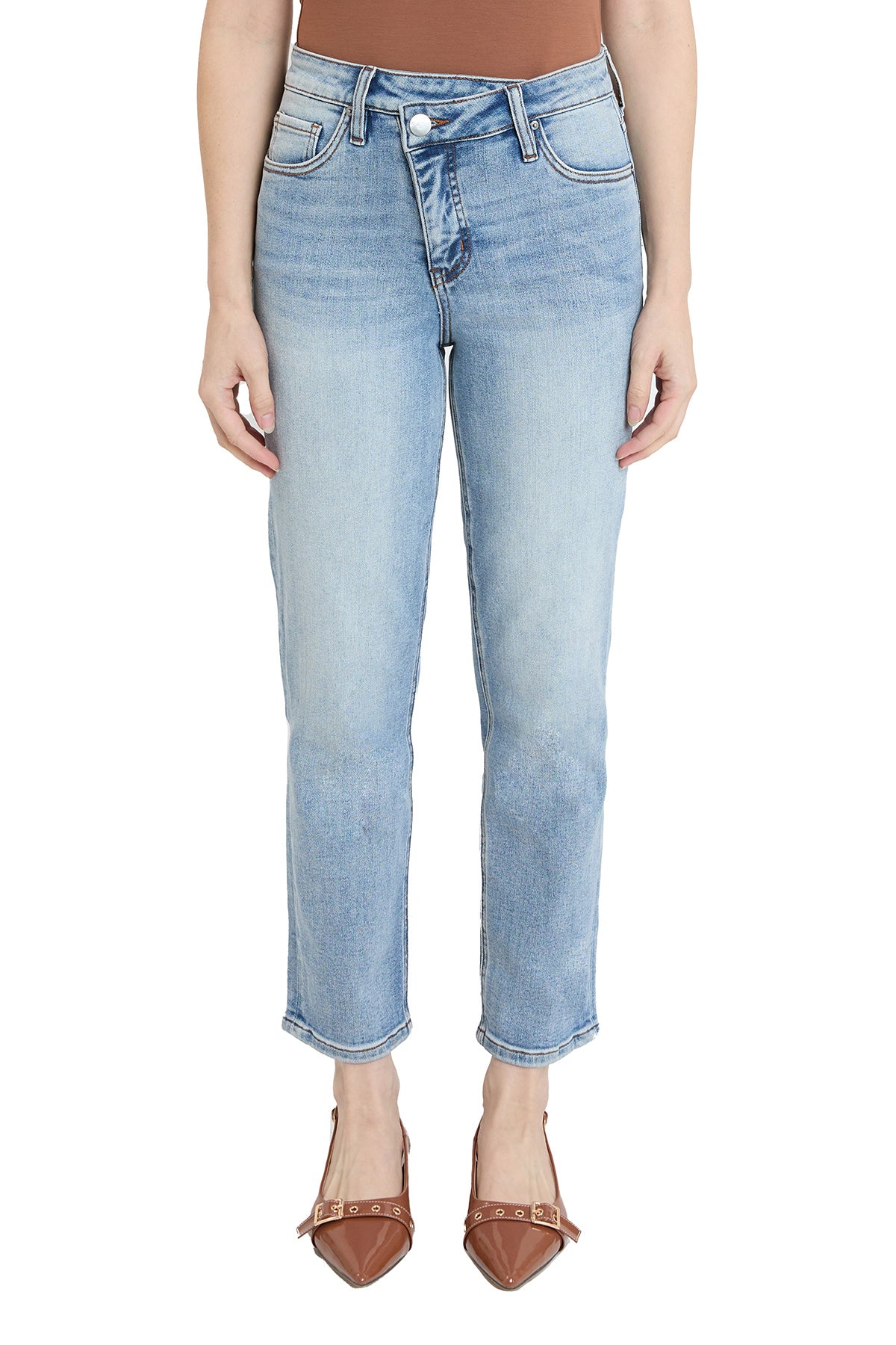 Dylan Mid Rise Asymmetric Cropped Straight Leg Jeans