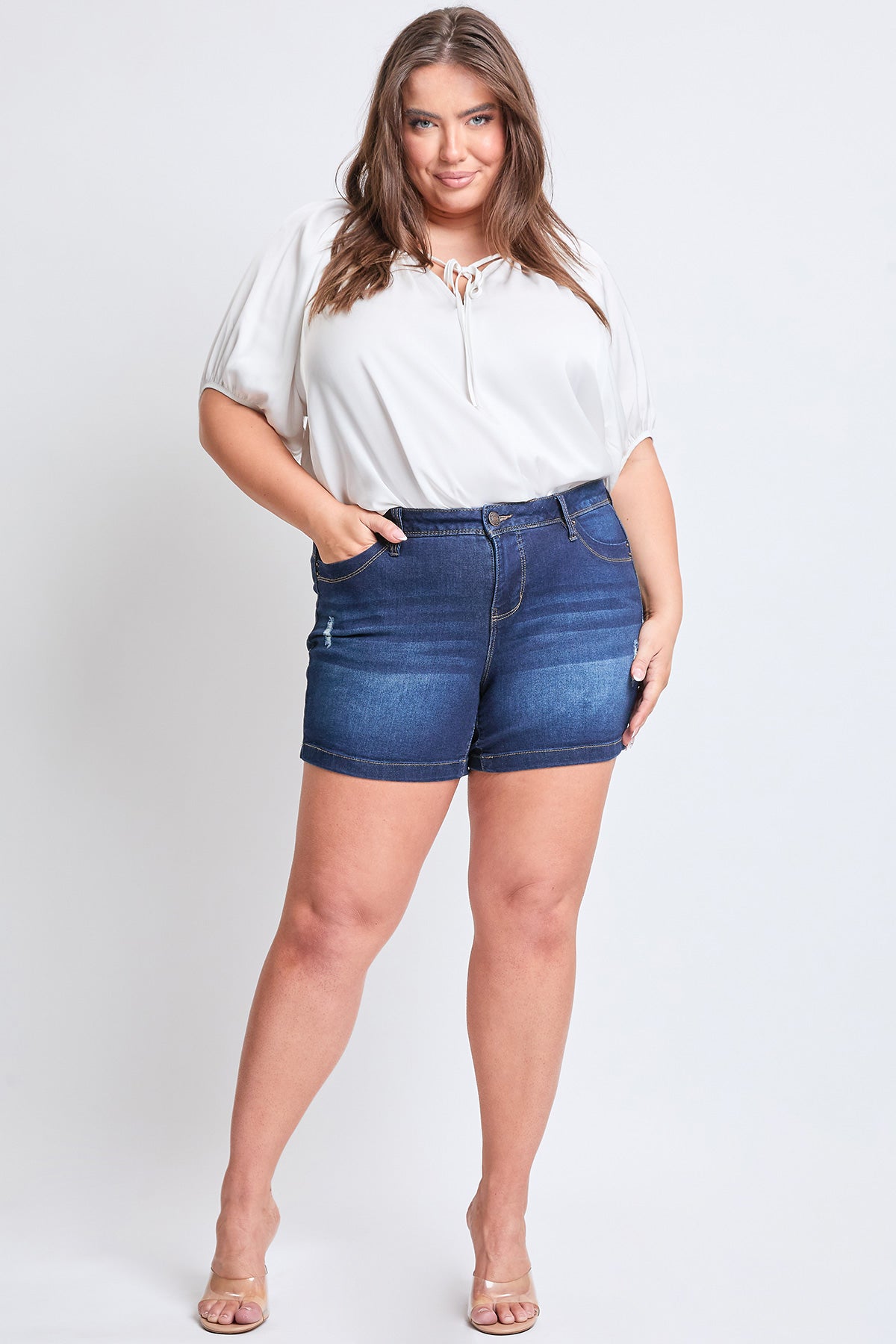 Missy Plus Size Wannabettabutt 1-Button Side Slit Hem Shorts Made With Recycled Fibers, Pack Of 12