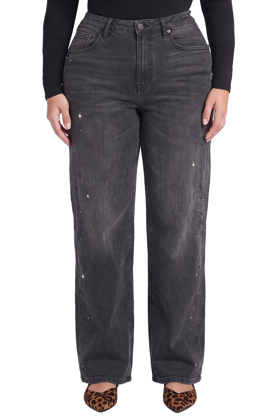 PRE ORDER-Plus Chloe High Rise Wide Leg Jeans with Rhinestones-ZP064800
