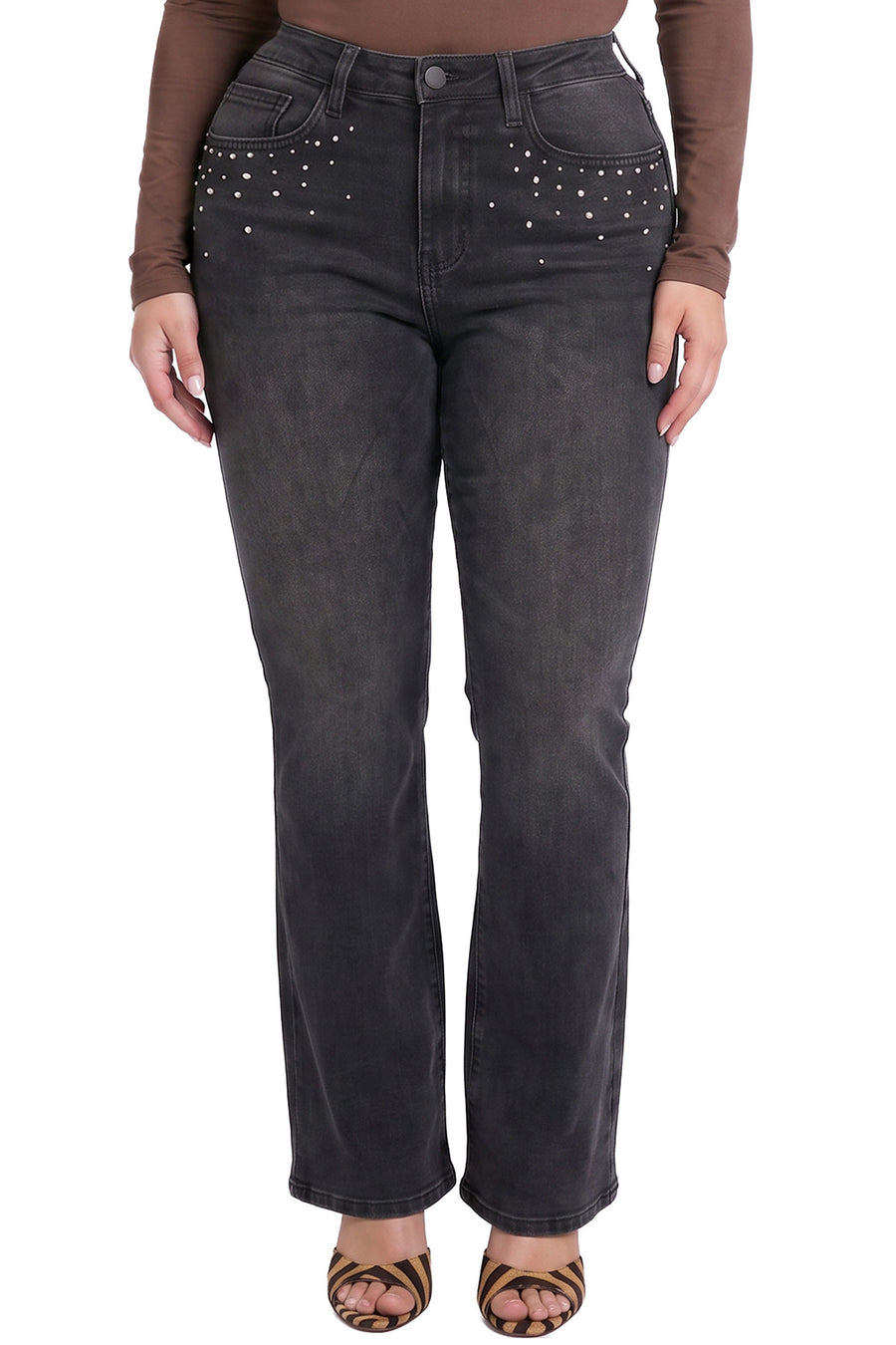 PRE-ORDER-Plus Mia High Rise Studded Bootcut Jeans-ZP065100