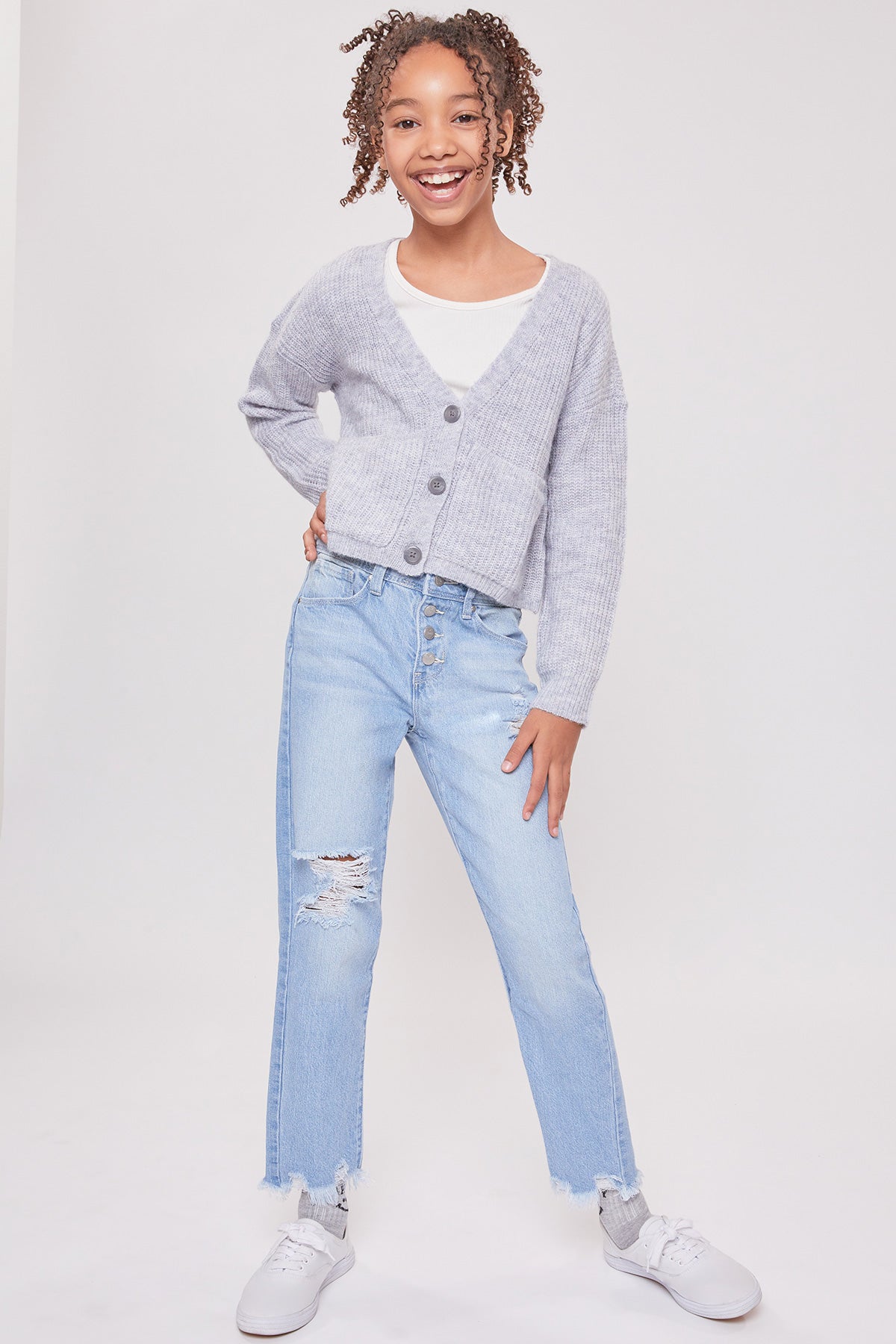 Girls High-Rise Exposed Button Straight Leg Jean With Distressed Hem, Pack of 12