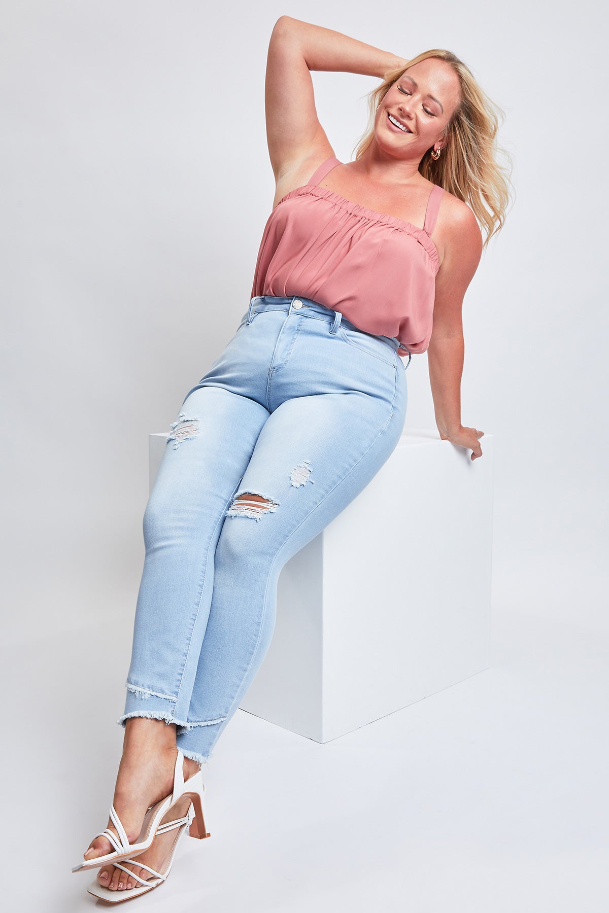 Plus Size Skinny High-Rise Ankle Jean With Slanted Double Frayed Hem Made With Recycled Fibers , Pack Of 12