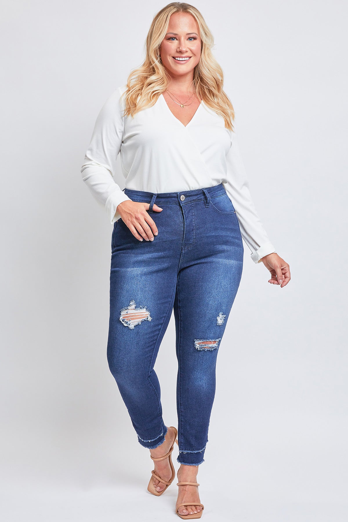 Plus Size Skinny High-Rise Ankle Jean With Slanted Double Frayed Hem Made With Recycled Fibers , Pack Of 12