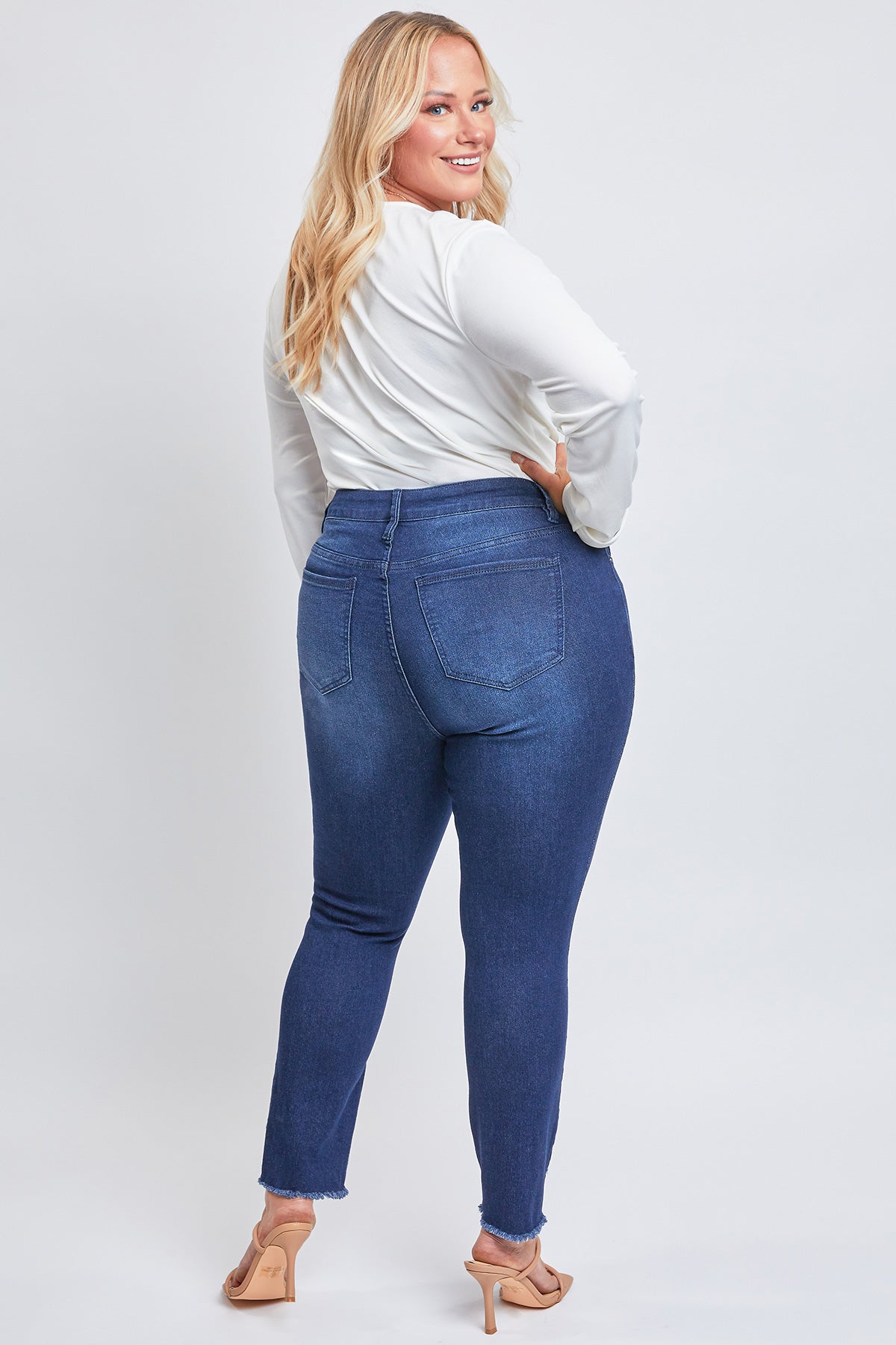 Plus Size Skinny High-Rise Ankle Jean With Slanted Double Frayed Hem Made With Recycled Fibers , Pack Of 12