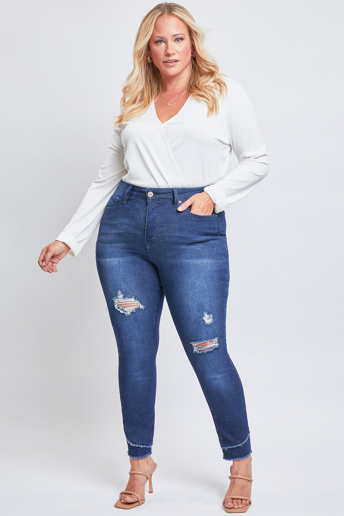 Plus Size Skinny High-Rise Ankle Jean With Slanted Double Frayed Hem Made With Recycled Fibers , Pack Of 12